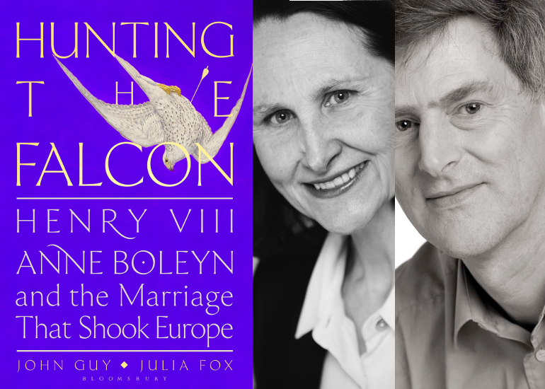 Hunting the Falcon book cover and a picture of the authors Julia Fox and John Guy