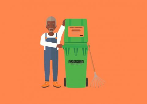 An illustration of a man holding the lid of bin with orange sticker on