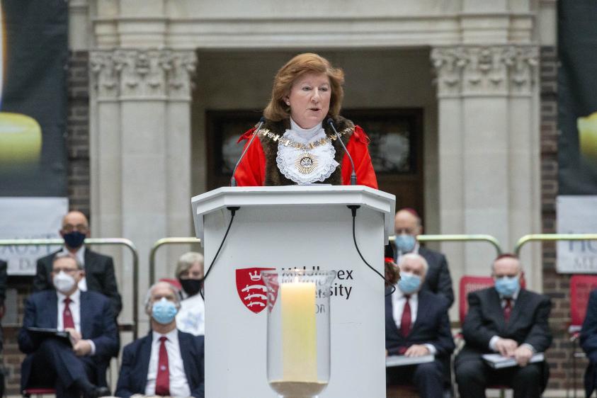 The Mayor of Barnet, Cllr Alison Cornelius addressing the audience at the Holocaust Memorial service